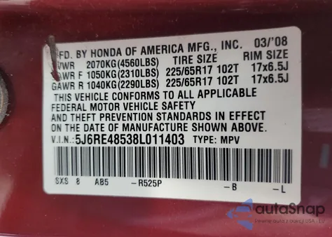 2008 Honda Cr-V из США, поврежденный, VIN 5J6RE48538L011403